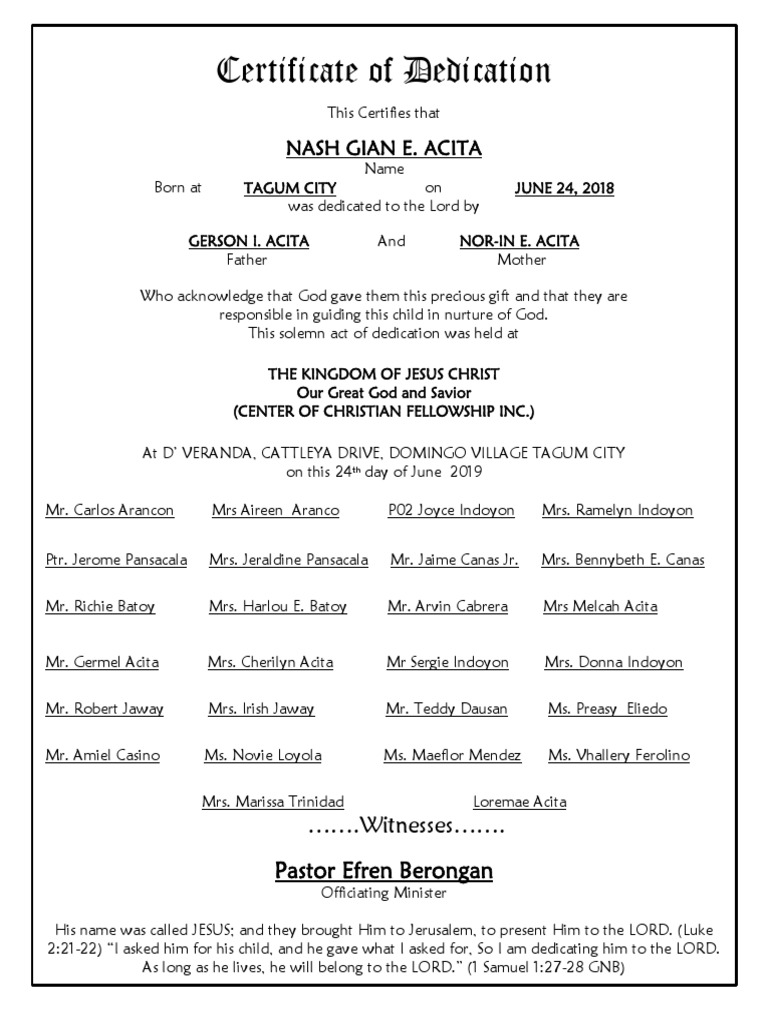 Dedication Certificate | PDF | Jesus | Religious Belief And Doctrine