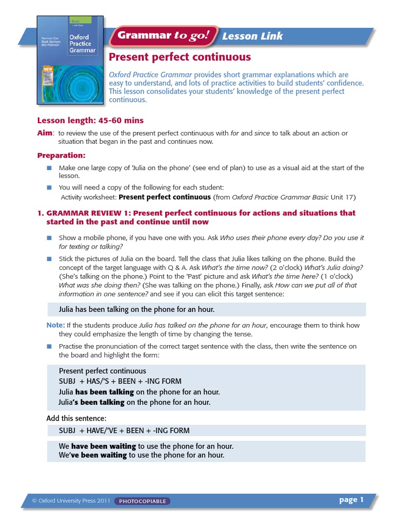 Grammar 2 Go Basic - Present Perfect Cont Lesson PDF | PDF ...