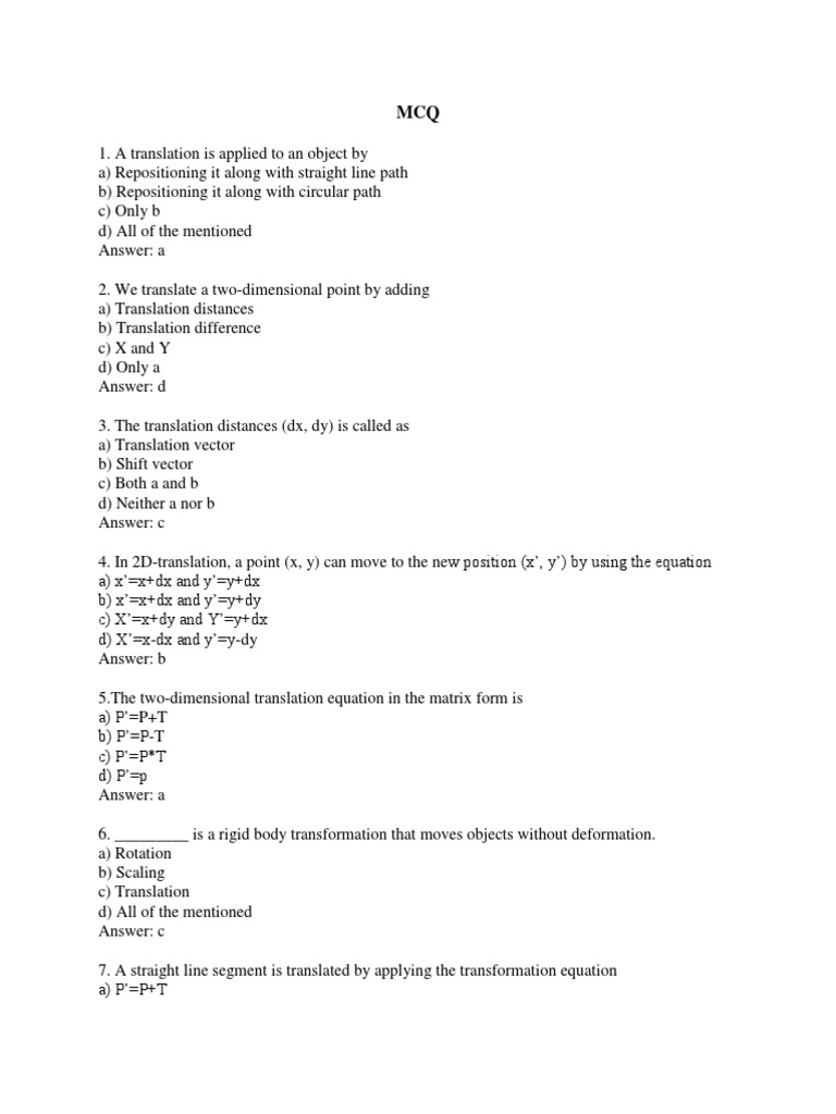 Mcq 2 D Computer Graphics Matrix Mathematics