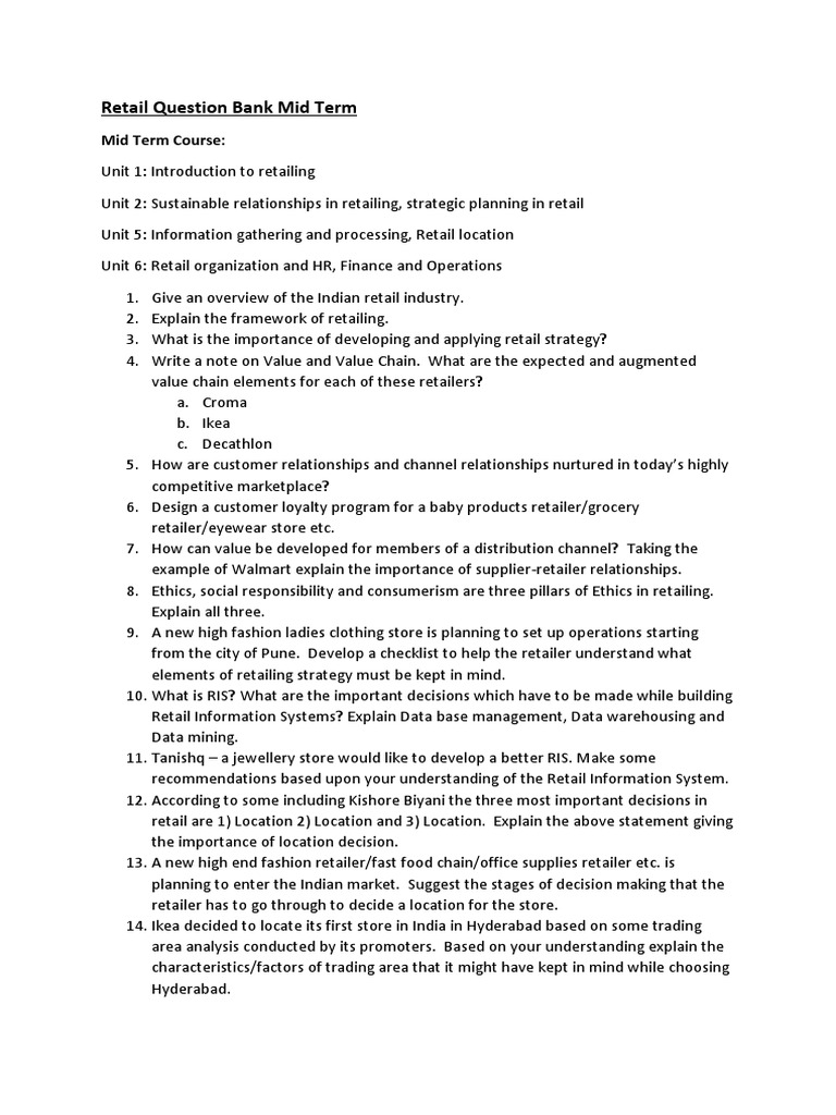 Retail Question Bank Mid Term | PDF | Retail | Human Resource Management