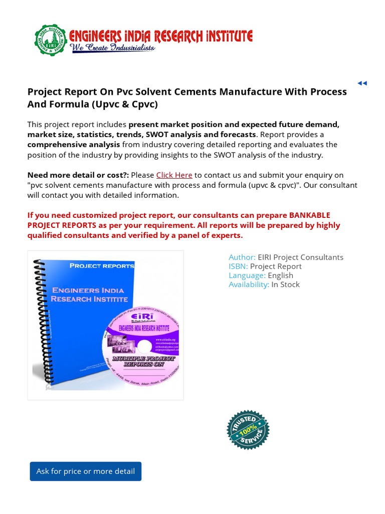 Project Report On PVC Solvent Cements Manufacture With Process and Formula (Upvc & CPVC) (Cables