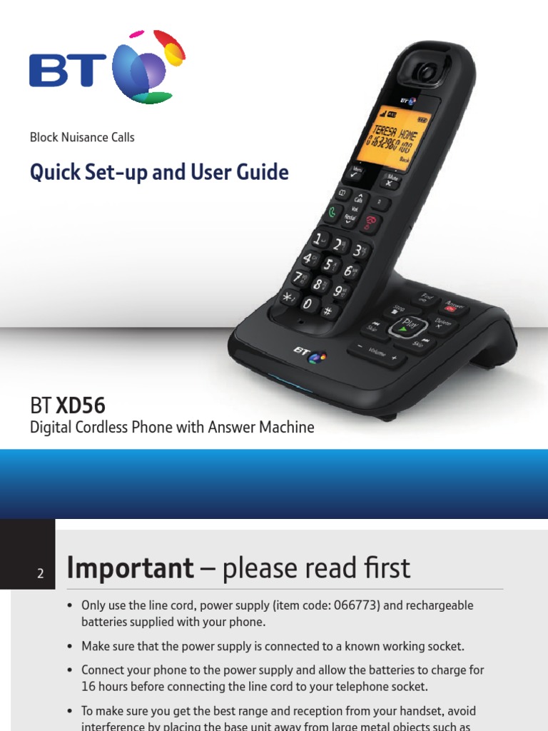 User Manual Bt Xd 56 Telephone Ac Power Plugs And Sockets