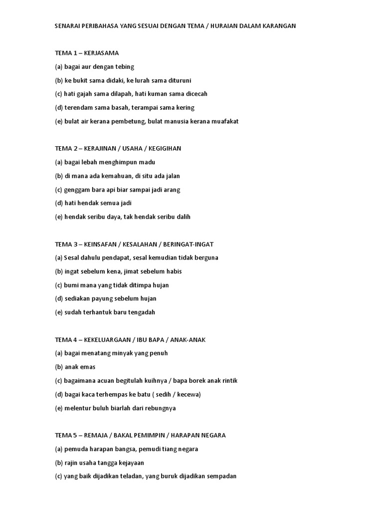 Senarai Peribahasa Yang Sesuai Dengan Tema Pdf