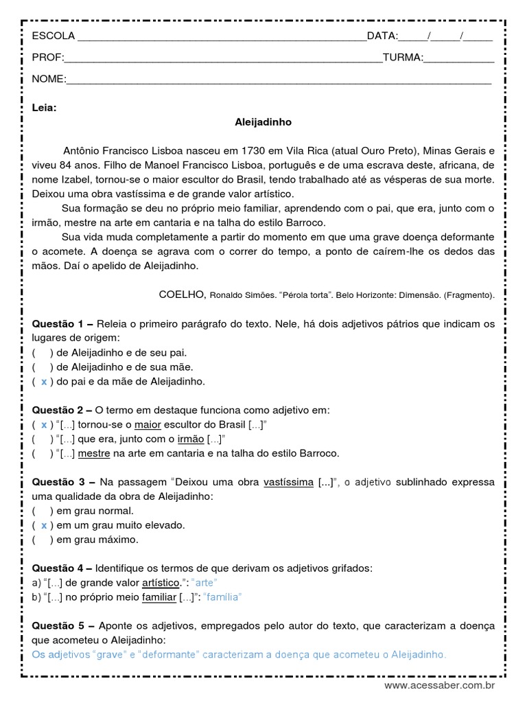 Atividades sobre Adjetivos 7º Ano | PDF