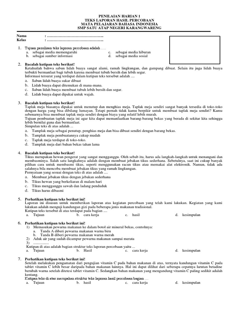 Soal Pg Teks Laporan Hasil Percobaan Print