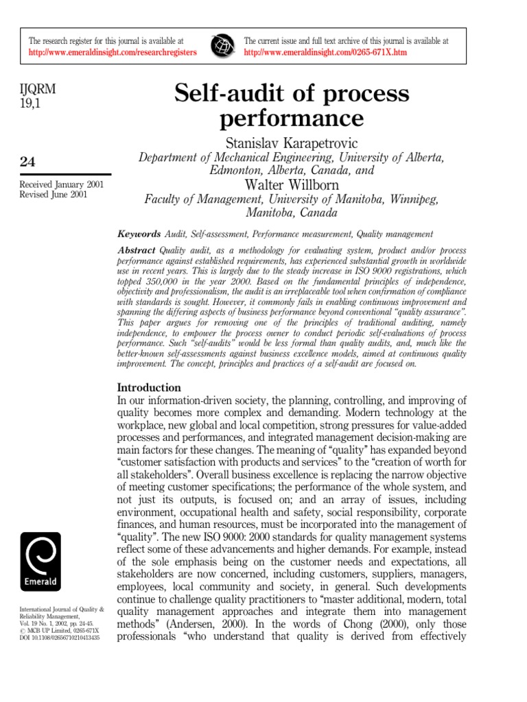 Self Audit Overview by Karapetrovic | PDF | Iso 9000 | Audit