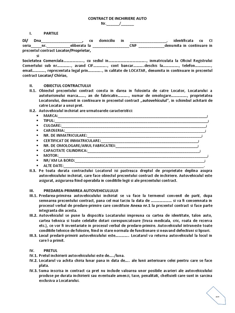 Contract Inchiriere Auto