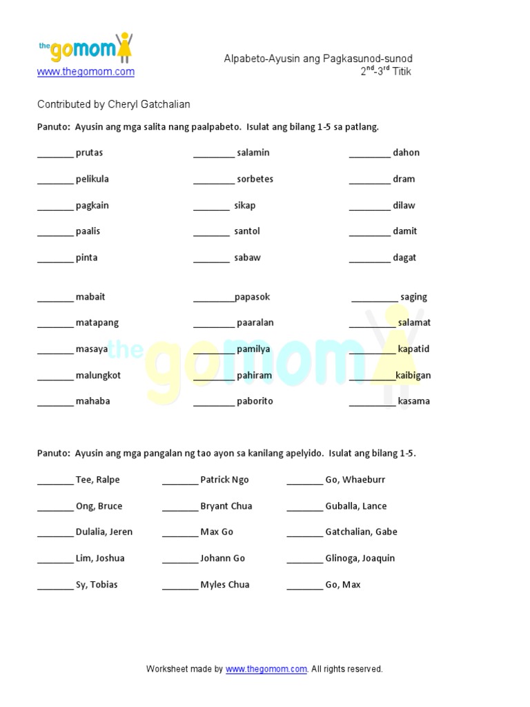 Alpabeto Ayusin Ang Pagkasunod Sunod 2nd and 3rd Titik