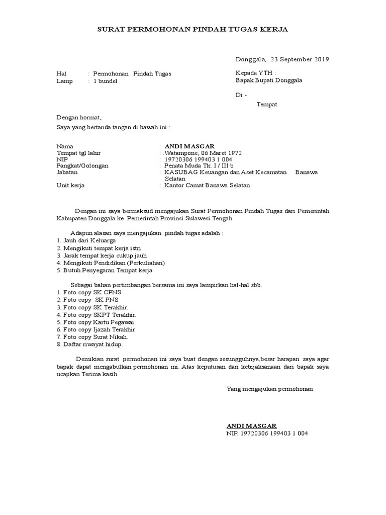 Surat Permohonan Pindah Tugas Doc