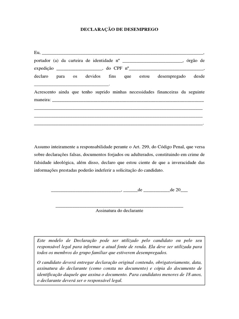 Modelo de declaracao de desemprego pdf