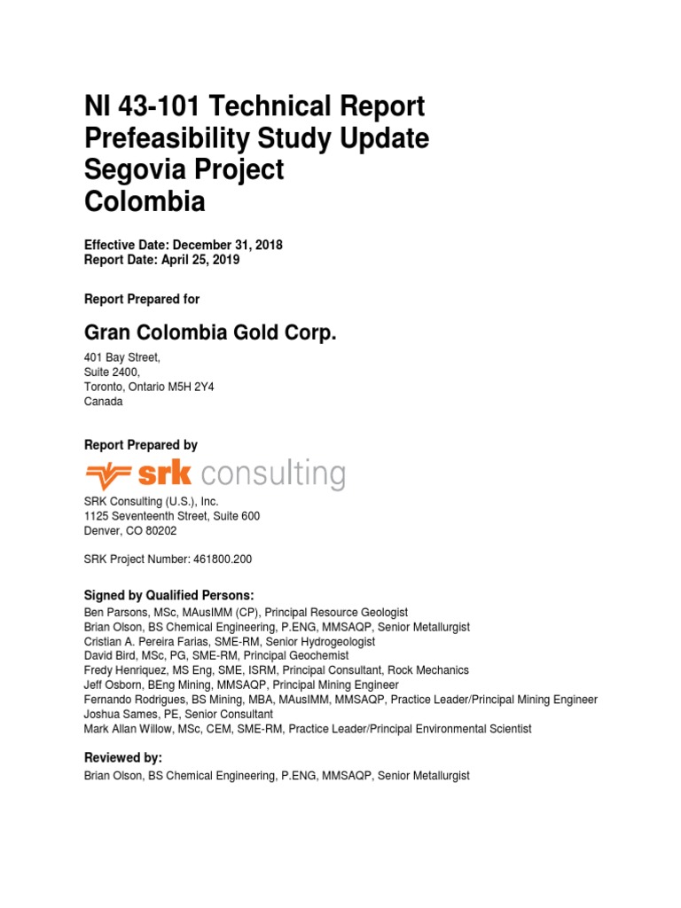 Ni 43 101 Technical Report Prefeasibility Study Update Segovia Project April 25 19 Pdf Mining Nature
