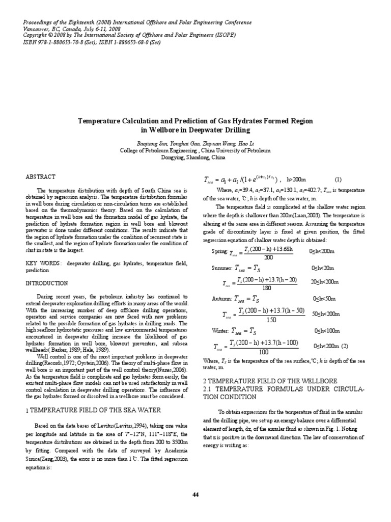 Temperature Calculation and Prediction of Gas Hydrates Formed Region in ...