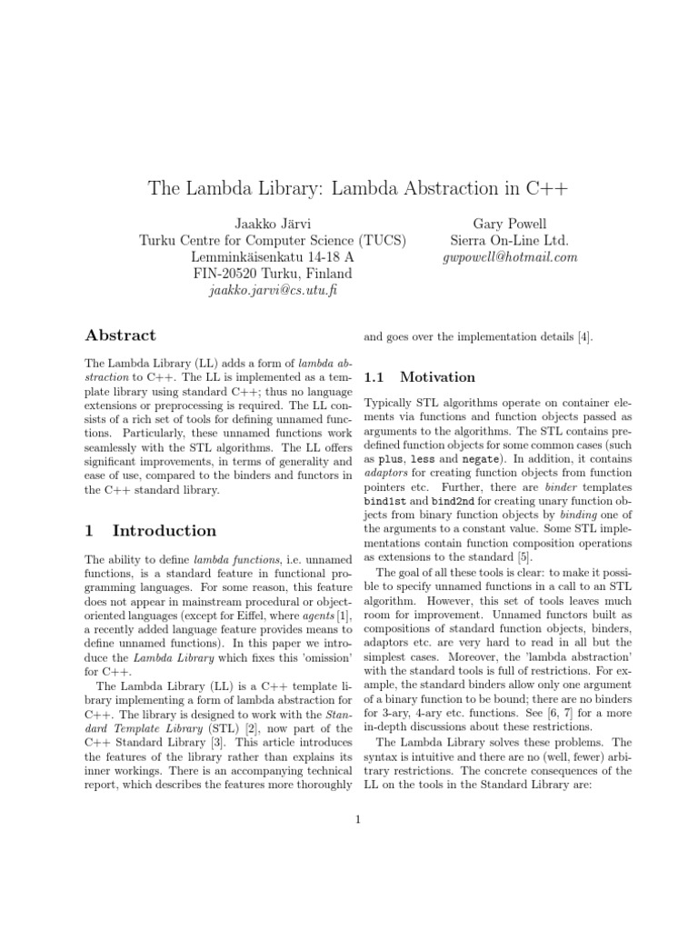 The Lambda Library: Lambda Abstraction in C++ | PDF | Anonymous ...