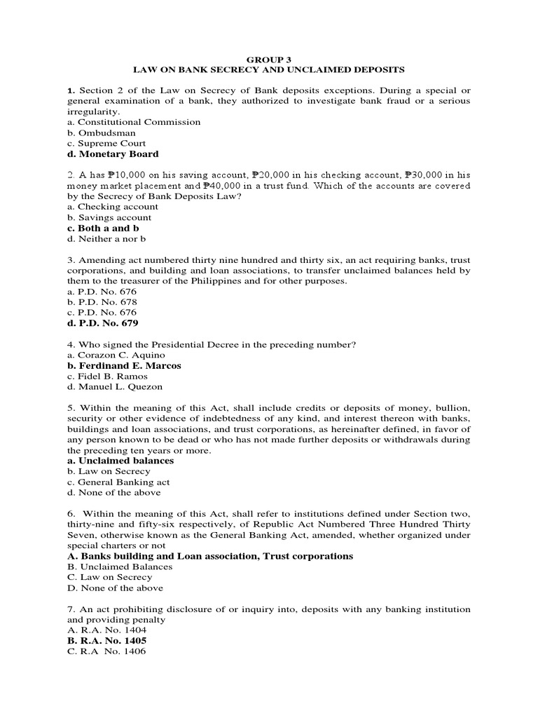 GROUP 3 Bank Secrecy and Unclaimed Deposit Questionnaire | PDF | Banks ...