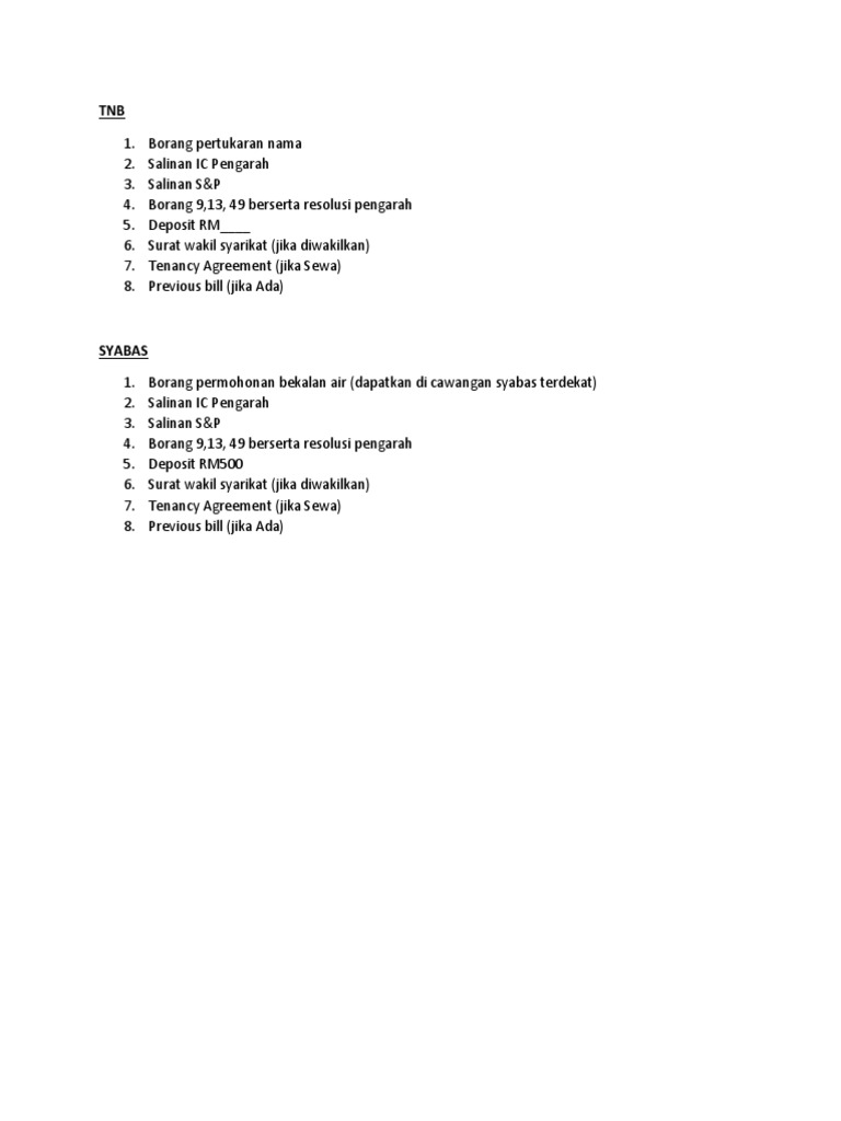 TNB, Syabas Permohonan Dan Pertukaran Nama | PDF