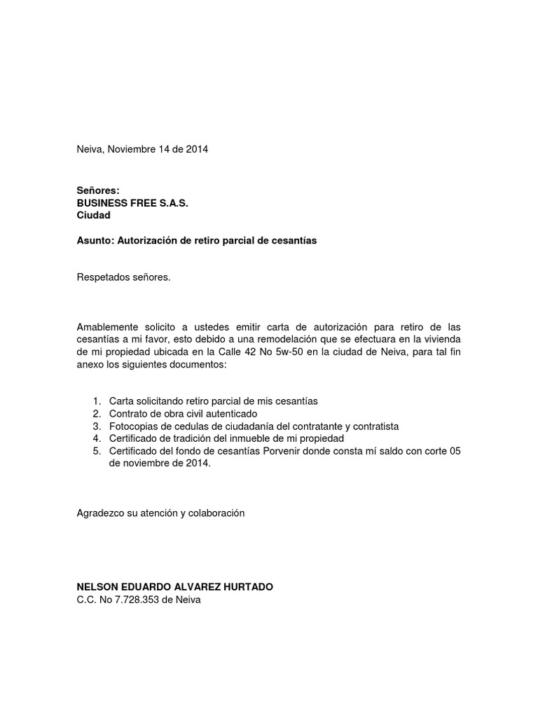 Carta Para Solicitar Retiro Parcial De Cesantias 