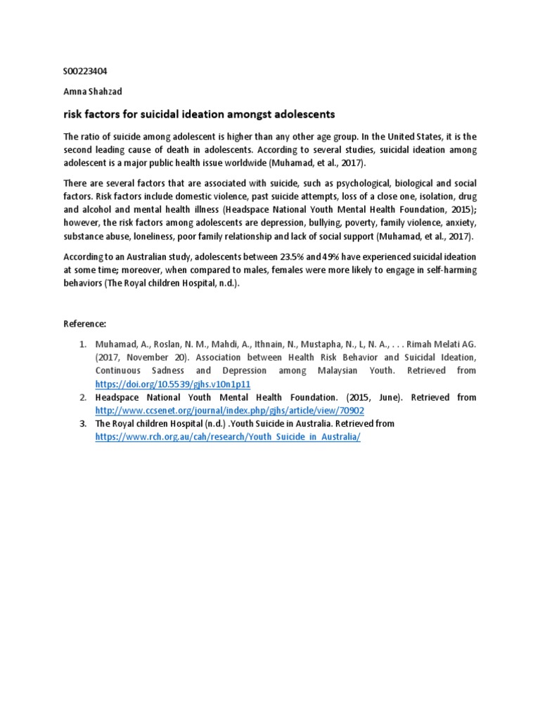 Adolescent Suicidal Ideation Risk Factors | PDF | Wellness