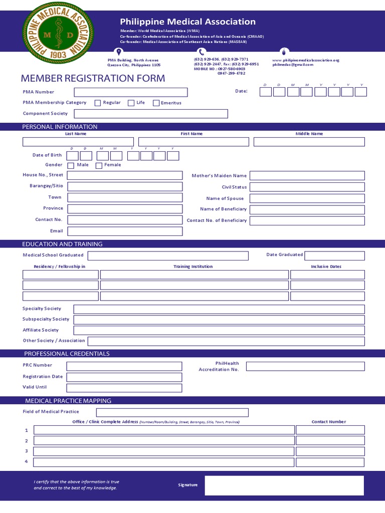 Pma Member Registration Form Pdf Medicine Health Care