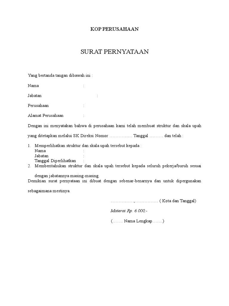 Contoh Surat Pernyataan Memiliki Struktur Dan Skala Upah