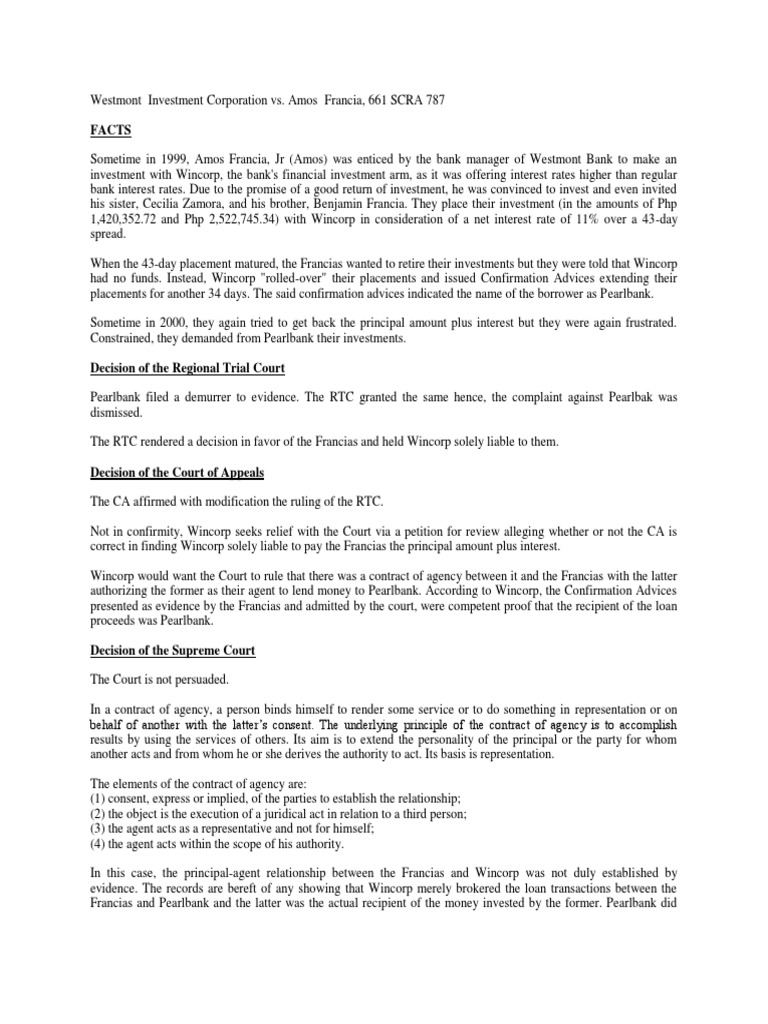 Westmont Investment Corporation vs. Amos Francia PDF Law Of Agency