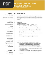 Housekeeper Entry Level Resume Sample 2018 Gold