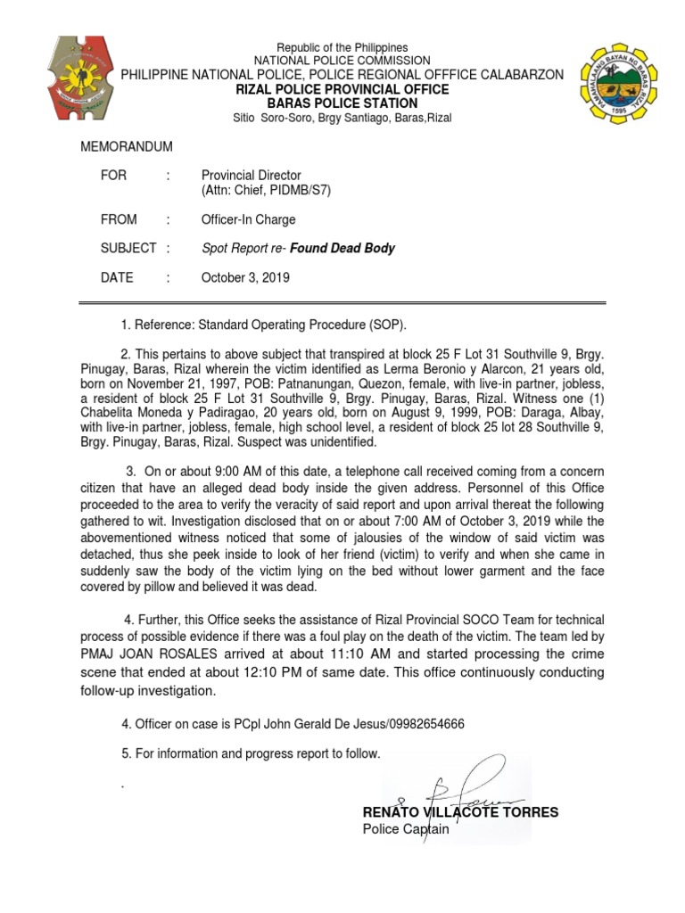 Spot Report: Found Dead Body in Rizal | PDF | Criminal Justice | Crime ...