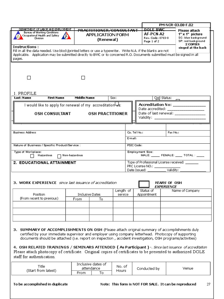 OSH Practitioner Renewal Application Form | PDF | Occupational Safety ...
