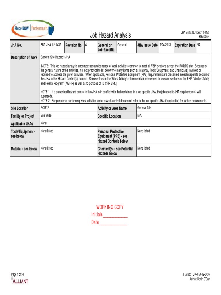 Attachment J-30 - FBP-JHA-12-0435 R4 General Site Hazards JHA PDF | PDF ...
