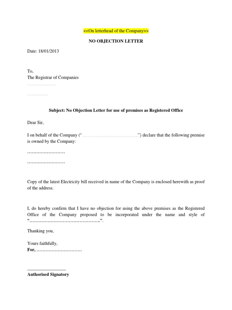No Objection Letter Draft PDF