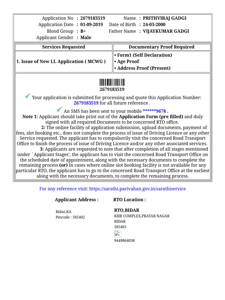 Bidar RTO LL Application Details | PDF | Driver's License | Government ...