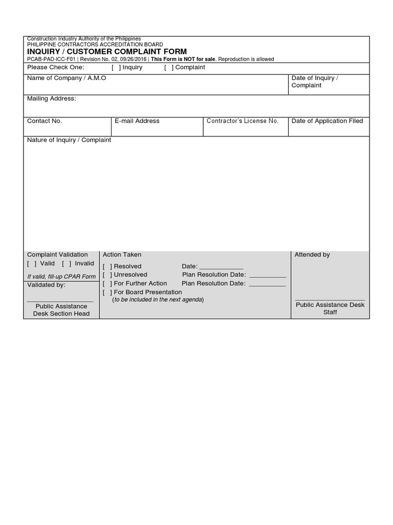 PCAB Inquiry/Complaint Form | PDF | Finance & Money Management | Law