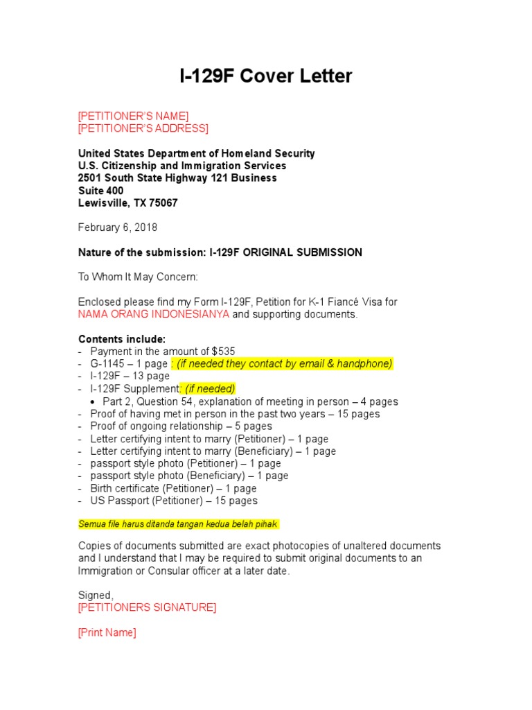 i 129f cover letter template