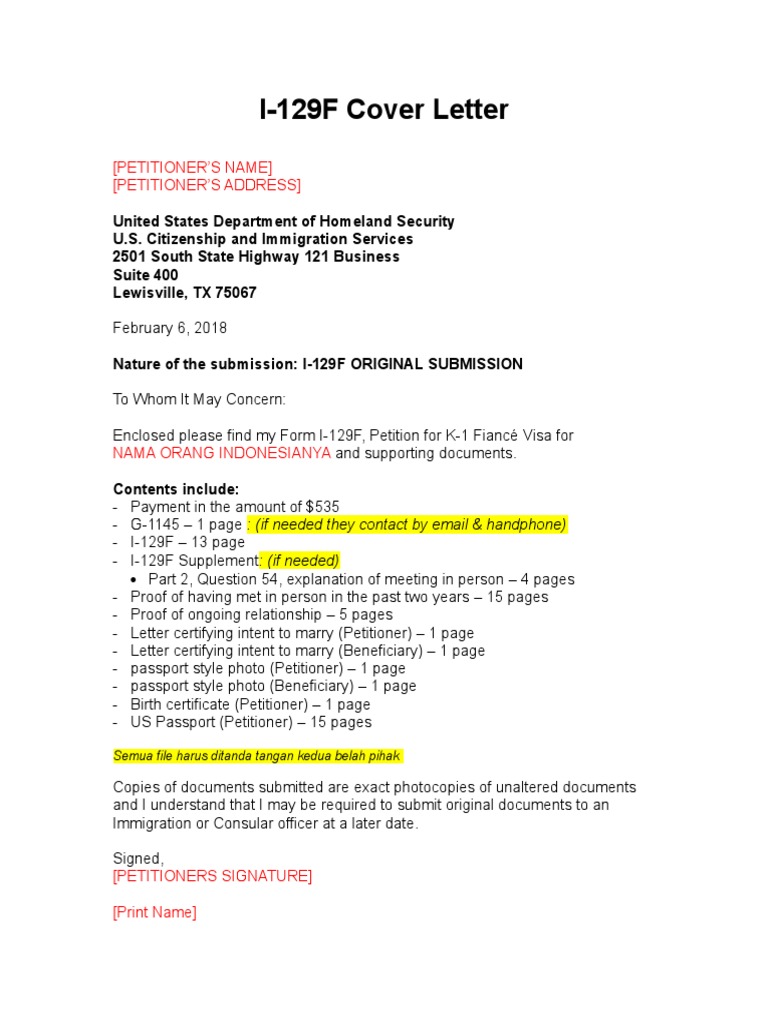 Cover Letter For I129F PDF