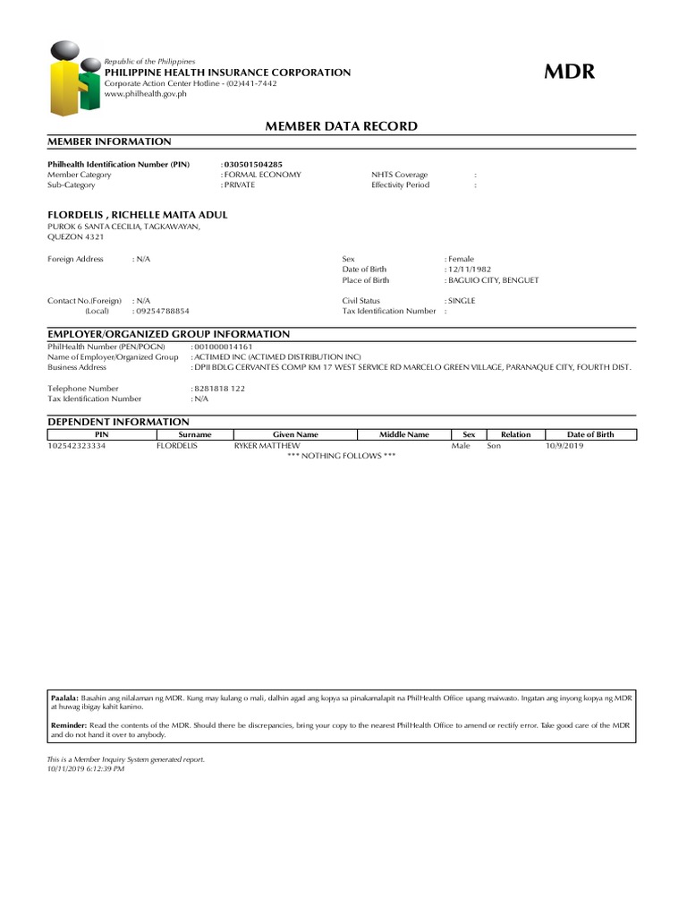 Member Data Record: Philippine Health Insurance Corporation | PDF ...