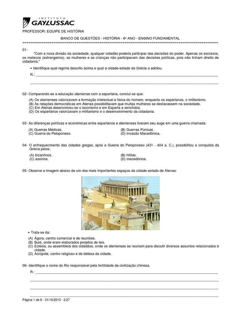 Questões sobre Roma e Grécia Antiga 6º Ano | PDF | Império Romano | Esparta