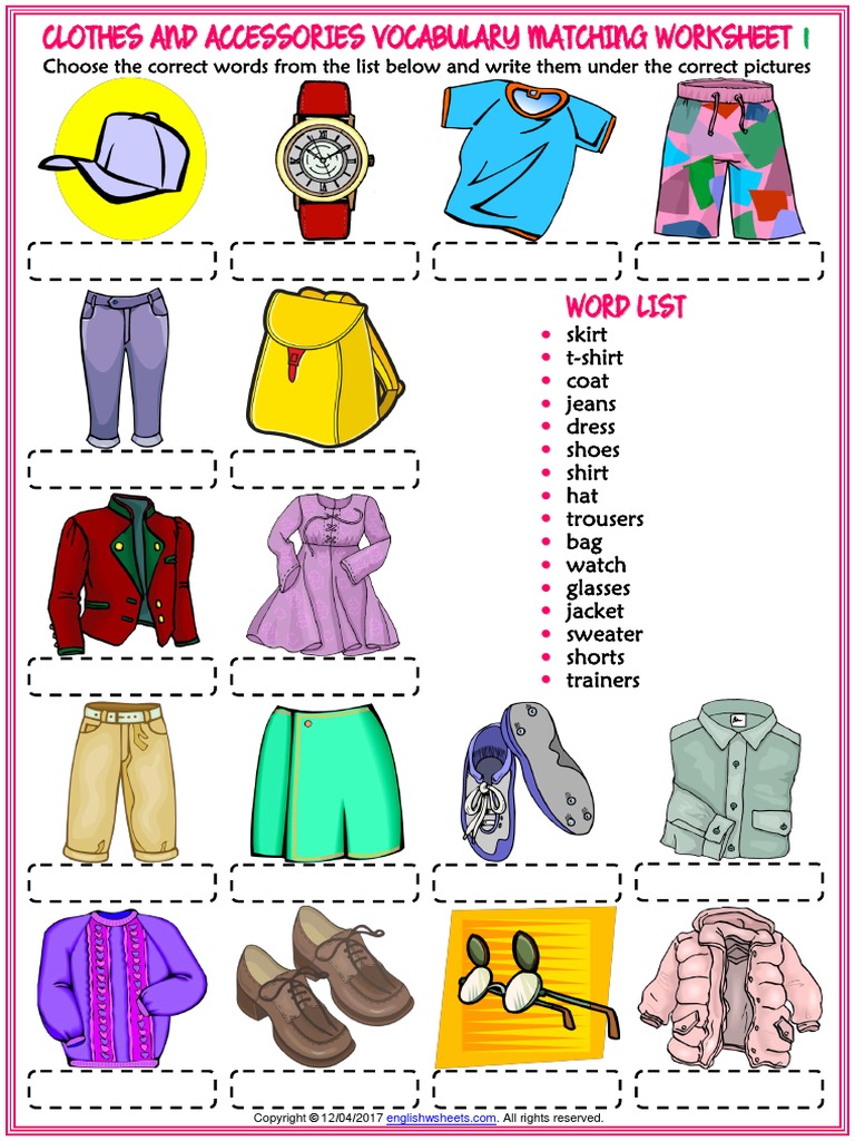 clothes and accessories vocabulary esl matching exercise