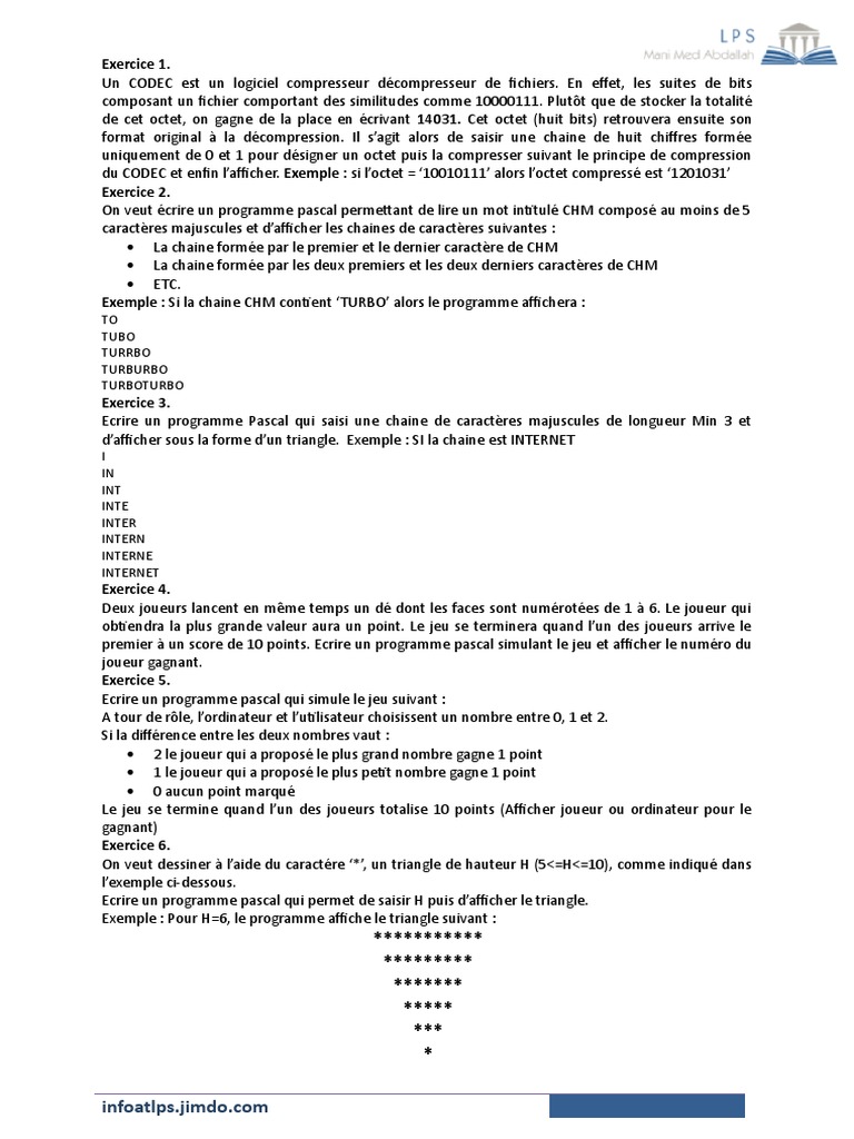 Exercices de programmation Pascal | PDF | Dé | Compression de données