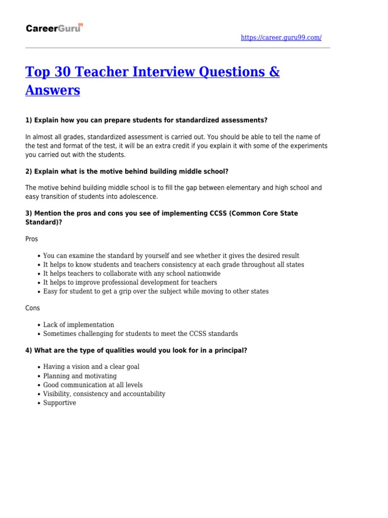 Top 30 Teacher Interview Questions | PDF | Schools | Individualized ...