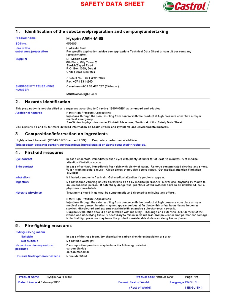 Hyspin AWH-M 68 Safety Data Sheet | PDF | Personal Protective Equipment ...