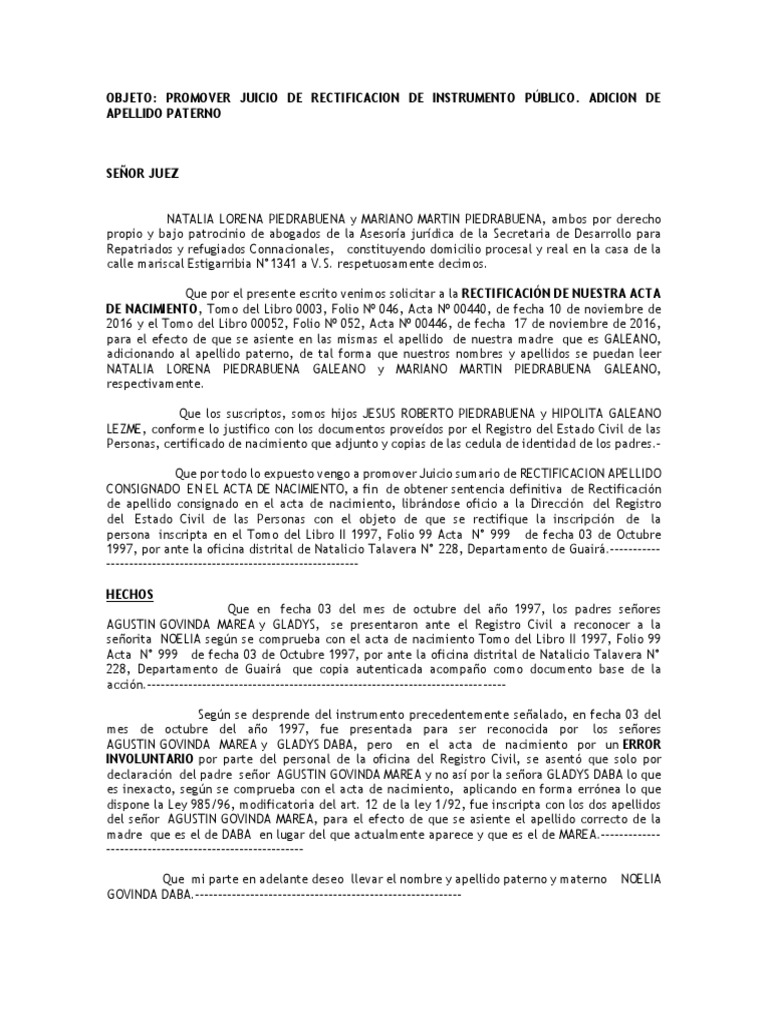 Demanda de Rectificación de Acta Certificado de