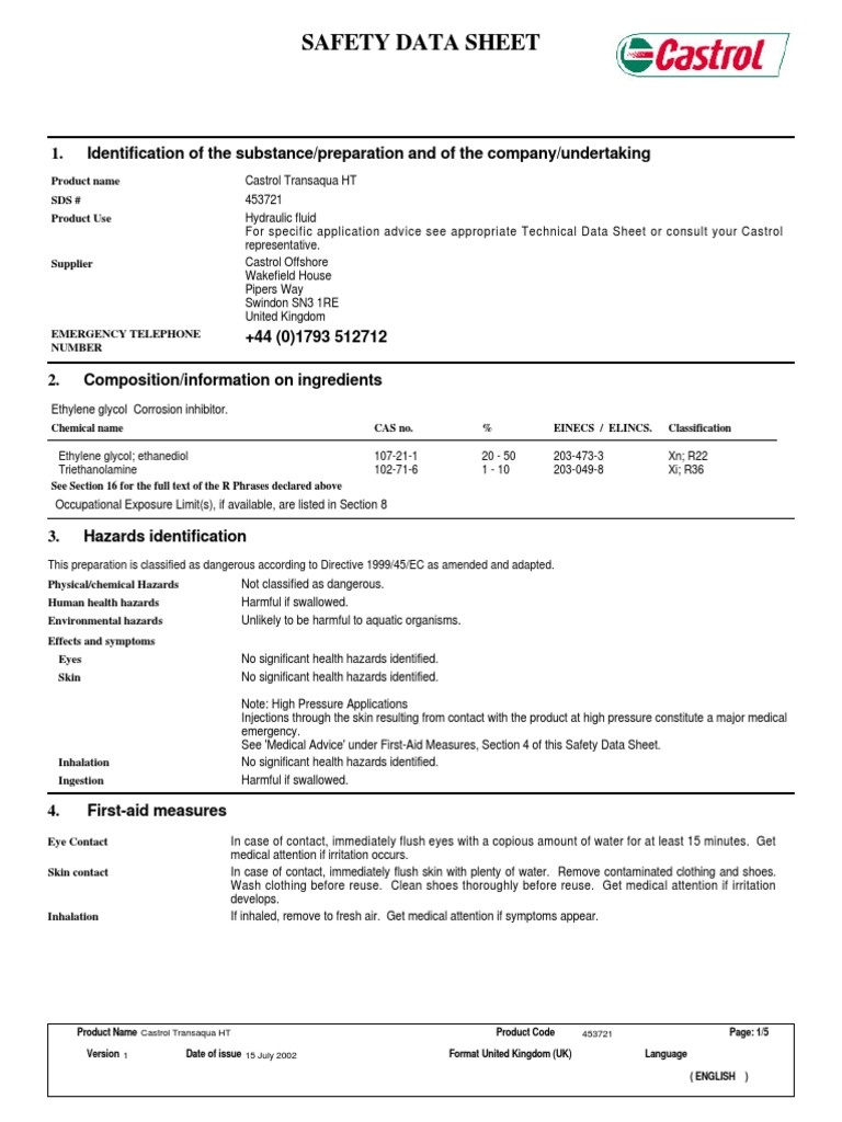 Castrol Transaqua HT Safety Data Sheet | PDF | Firefighting | Waste ...