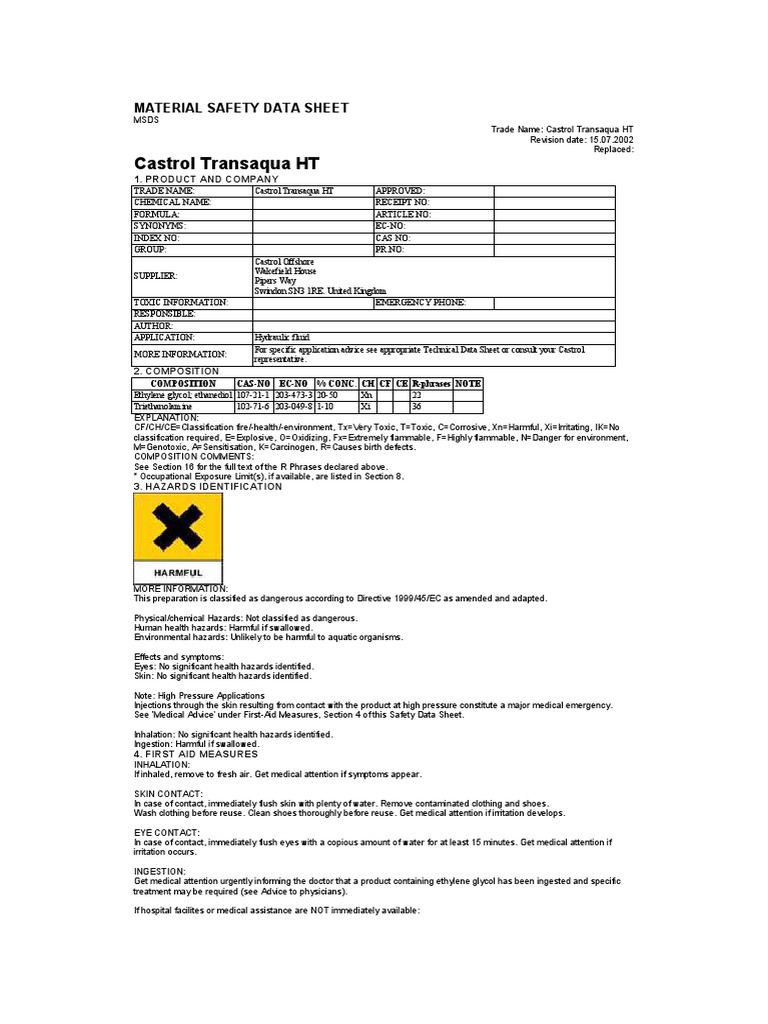Castrol Transaqua HT Safety Data Sheet | PDF | Firefighting | Water