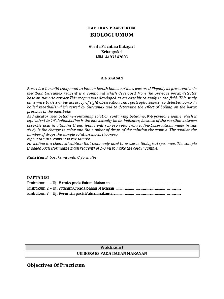 Laporan Praktikum Boraks Formalin Vitamin C Formaldehyde
