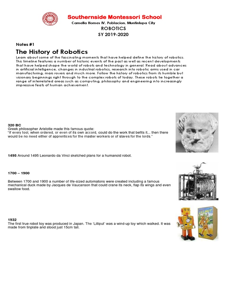 Notes 1 History of Robotics PDF Robot Robotics