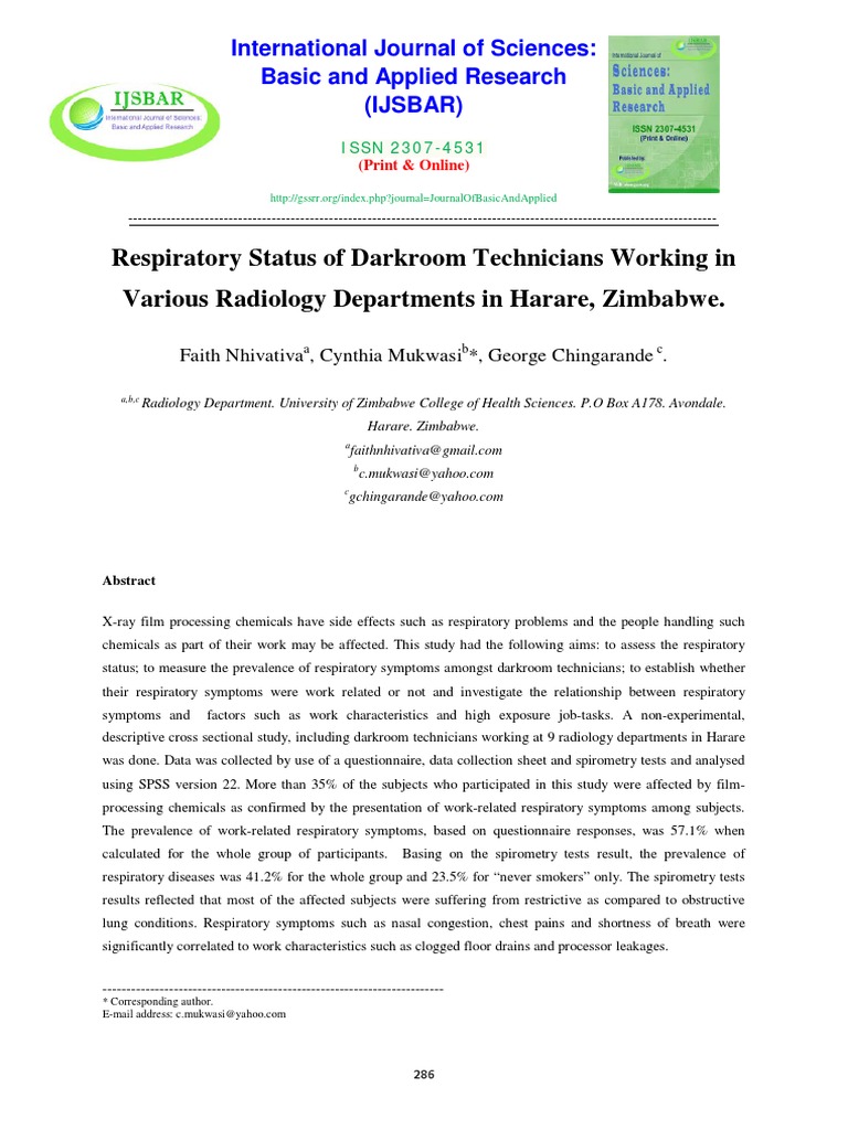 Respiratory Status of Darkroom Technicians Working in Various Radiology