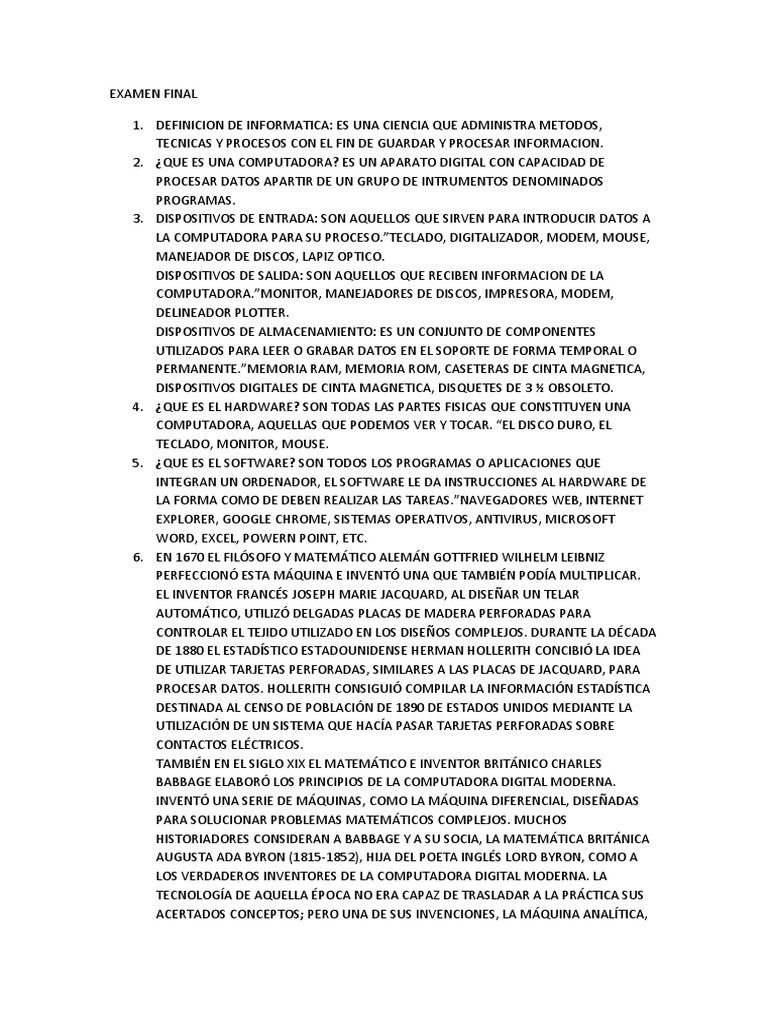 Examen Final: Conceptos de Hardware | PDF | Hardware de la computadora ...