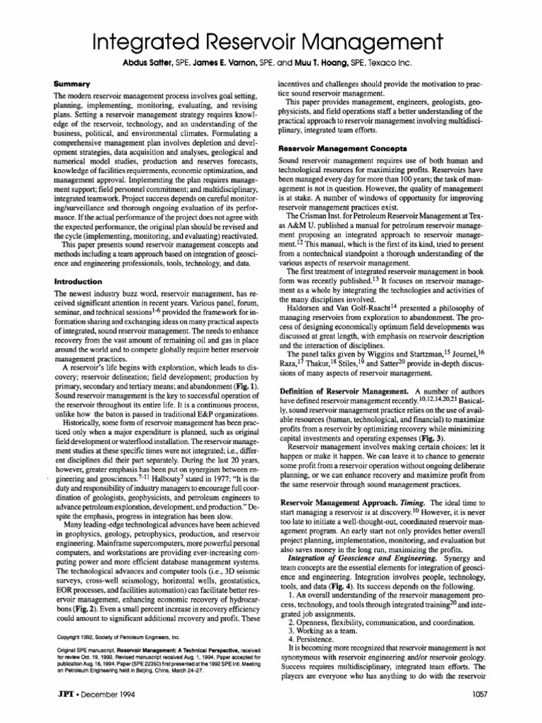 SPE22350PA Integrated Reservoir Management PDF Download Free PDF