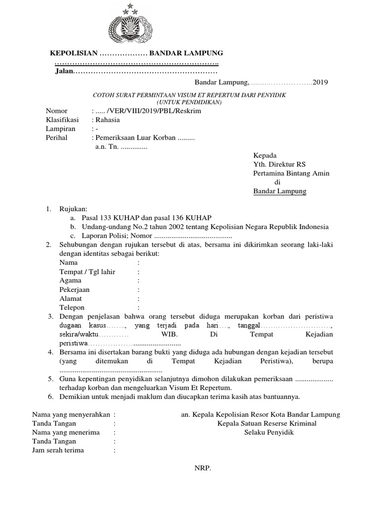 Contoh Surat Permintaan Visum Dari Polisi A4 Pdf