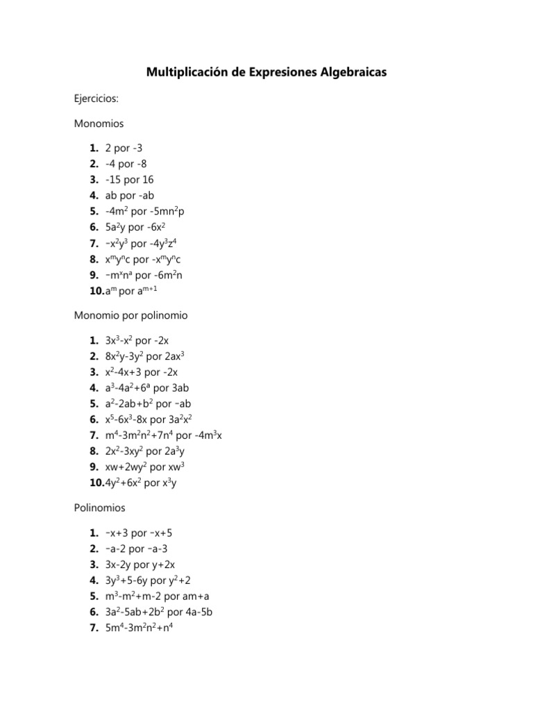 Ejemplos de Multiplicación de Expresiones Algebraicas | PDF