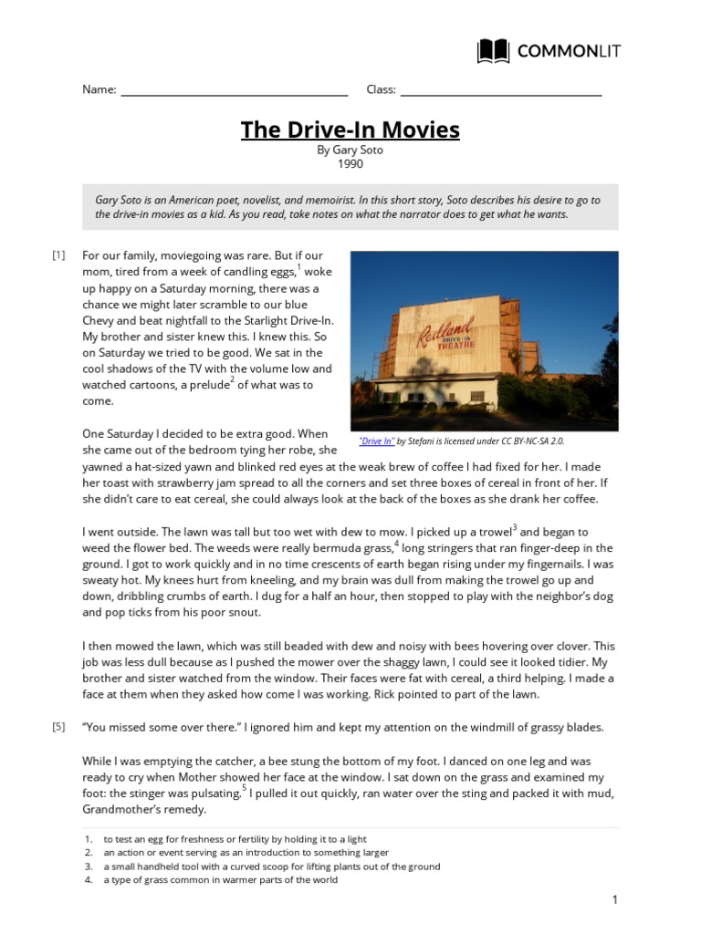 Commonlit The Drive In Movies Student Pages Deleted Nature
